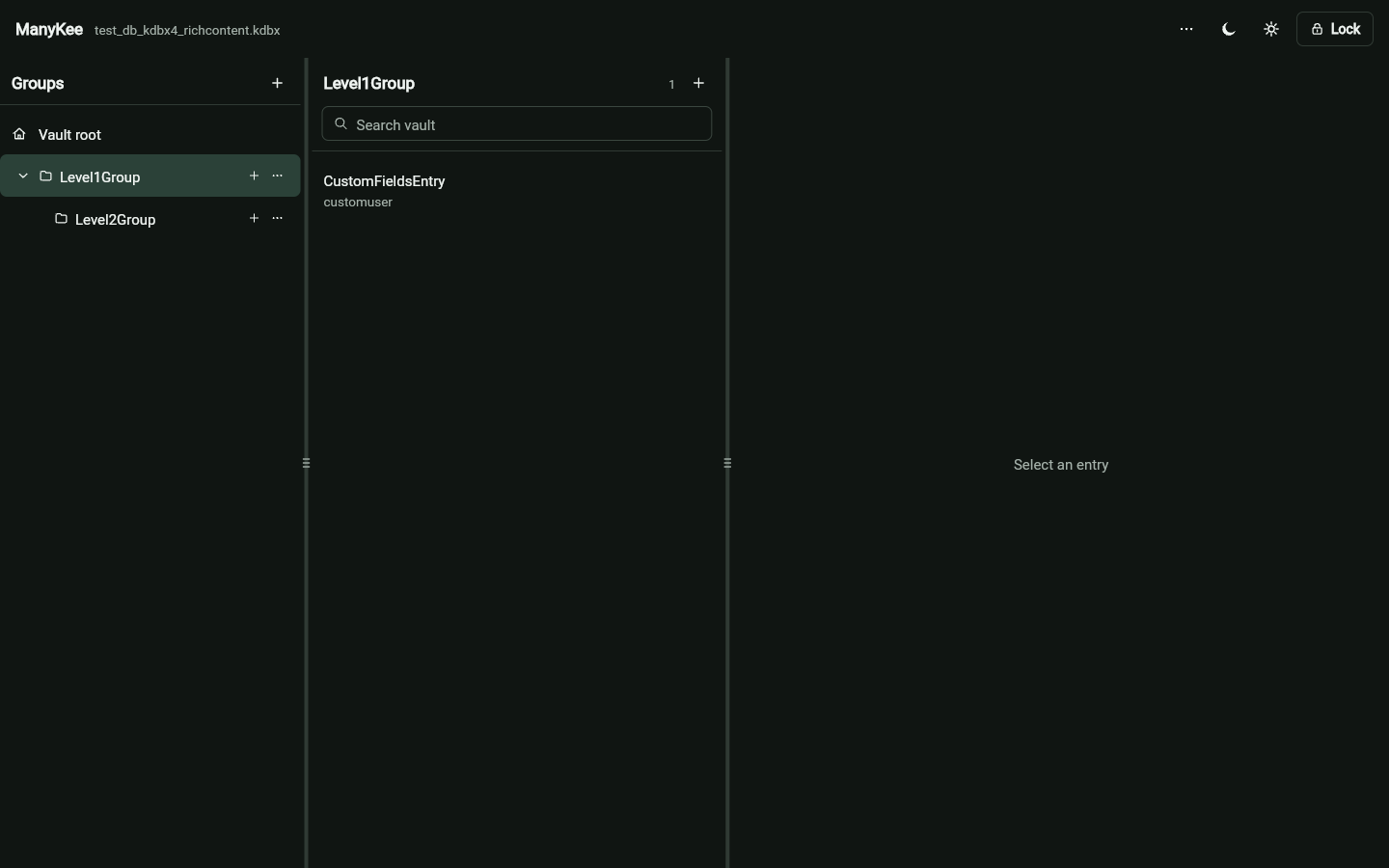 ManyKee showing an unlocked KeePass database with groups, entries, and entry details